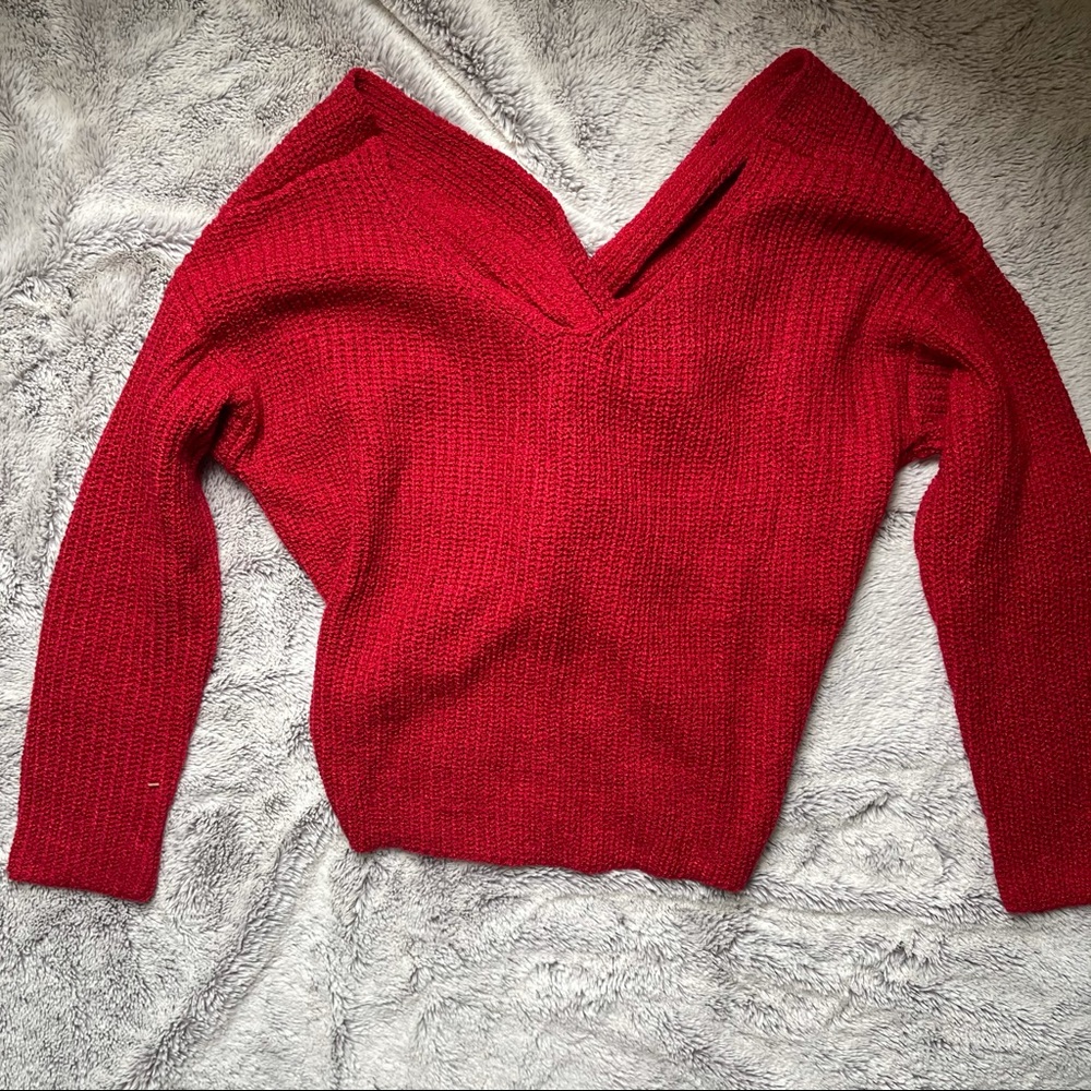 Back Twist Bright Merry Red V Neck Sweater